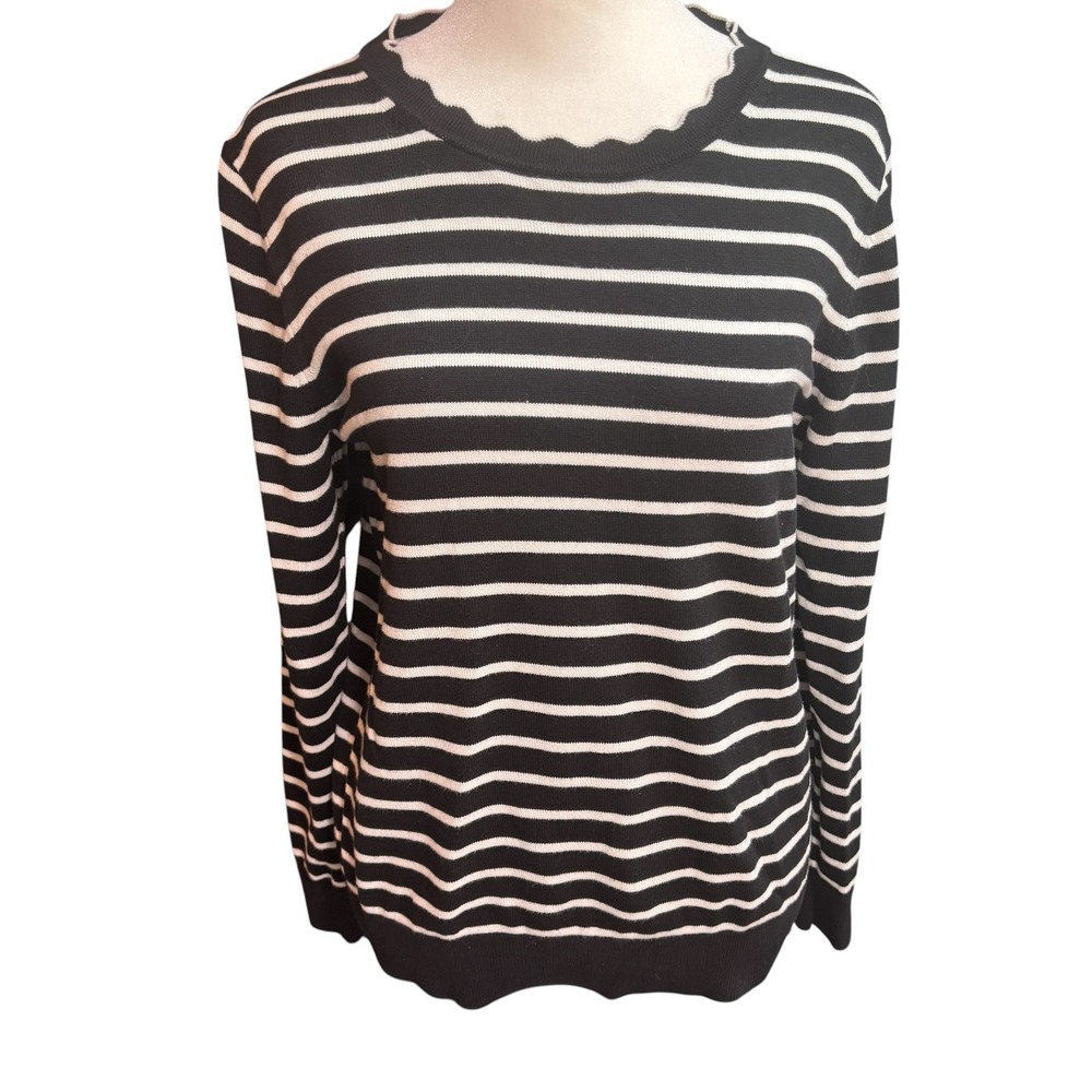 Banana Republic Womens Scalloped Neck Striped Sweater Black White Medium #1170